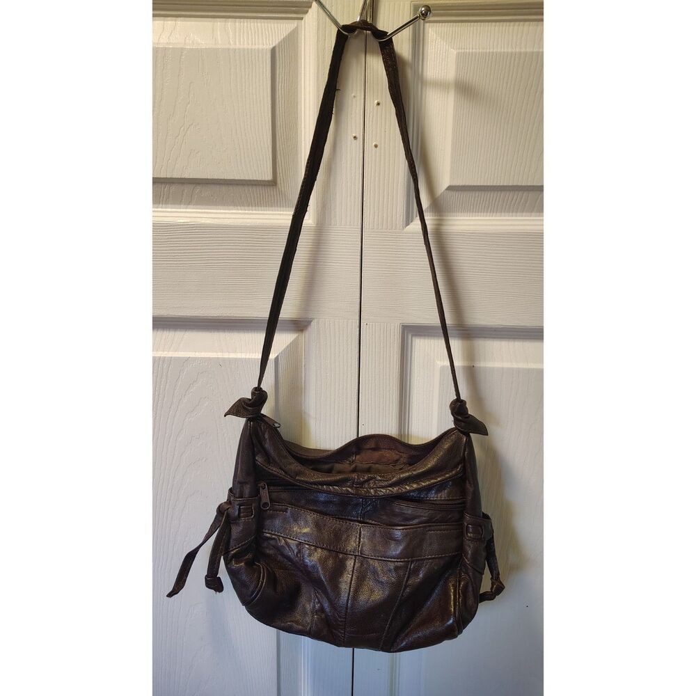 90s Y2K Slouchy Brown Patchwork Genuine Leather Shoulder Bag